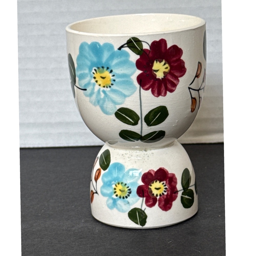 Vintage Japan Hand Painted Floral Ceramic Egg Cup Blue Burgundy Flowers